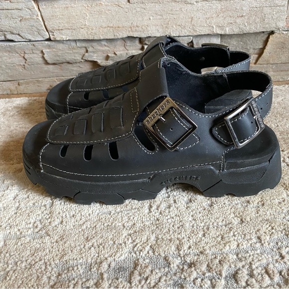 Skechers Vintage Sandals Jam Ups Fisherman Style Black Leather Platform Soles 90 - Picture 3 of 11